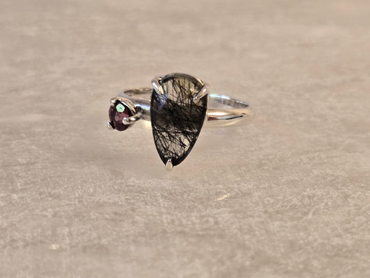 Tourmalinated Quartz and Garnet Ring
